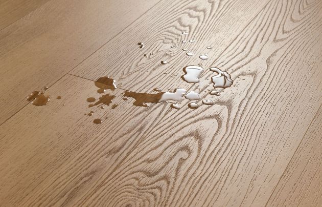Close up of an engineered hardwood floor with a puddle of water to show water resistance; Robbins Hydropel