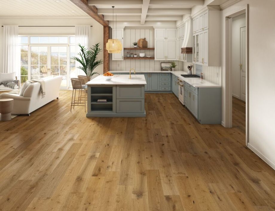 Kitchen with island and seating area to the side; Coastside European white oak flooring