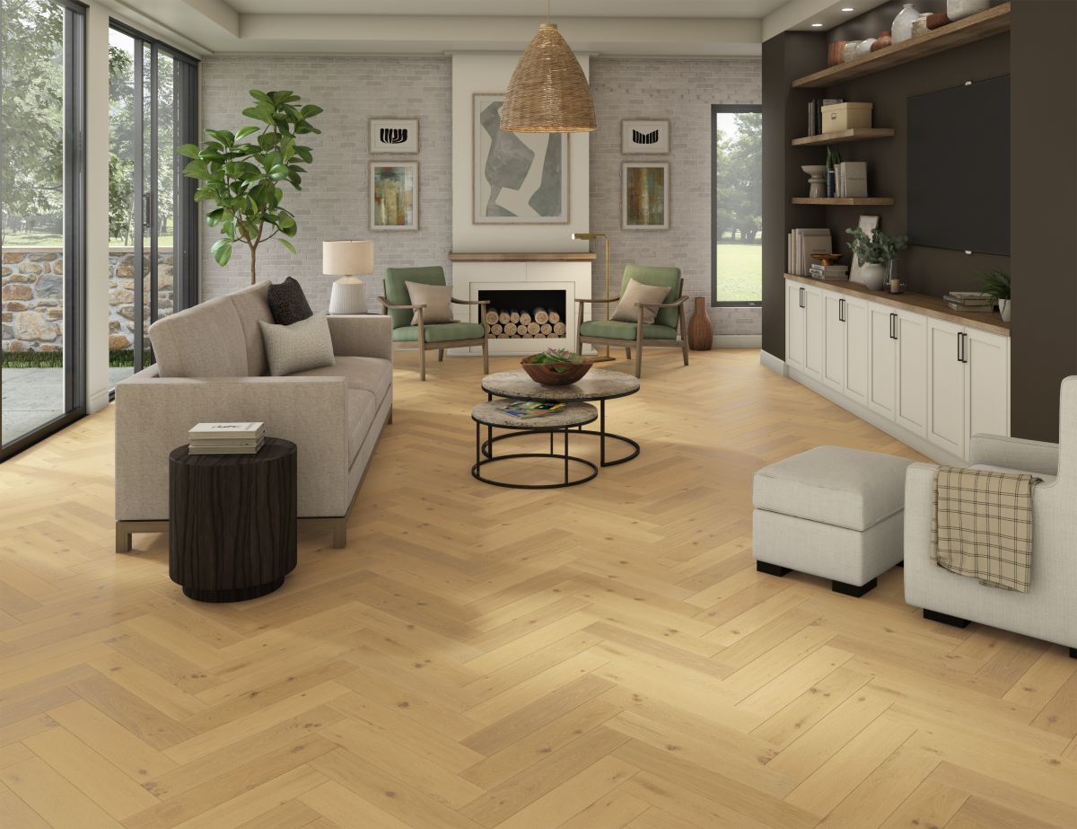 Living room area with light oak herringbone pattern flooring