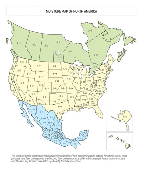 North American map providing examples of how average moisture contents for interior wood products vary from region to region; acclimating wood flooring