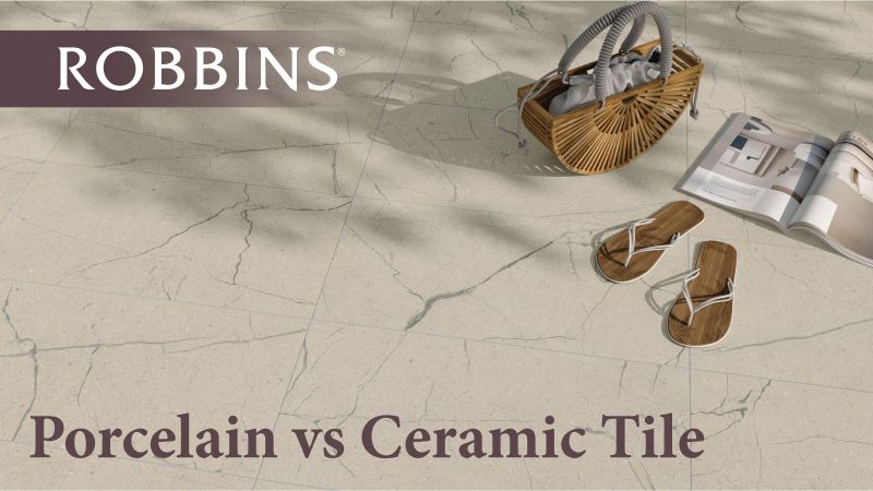 Closeup of a porcelain tile floor outside with sandals and a bag. Caption reads Porcelain vs Ceramic Tile