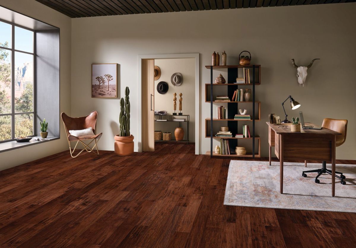 Handscraped hickory engineered hardwood flooring in a home office