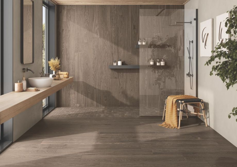 Porcelain tile in a shower; bathroom with floating countertop