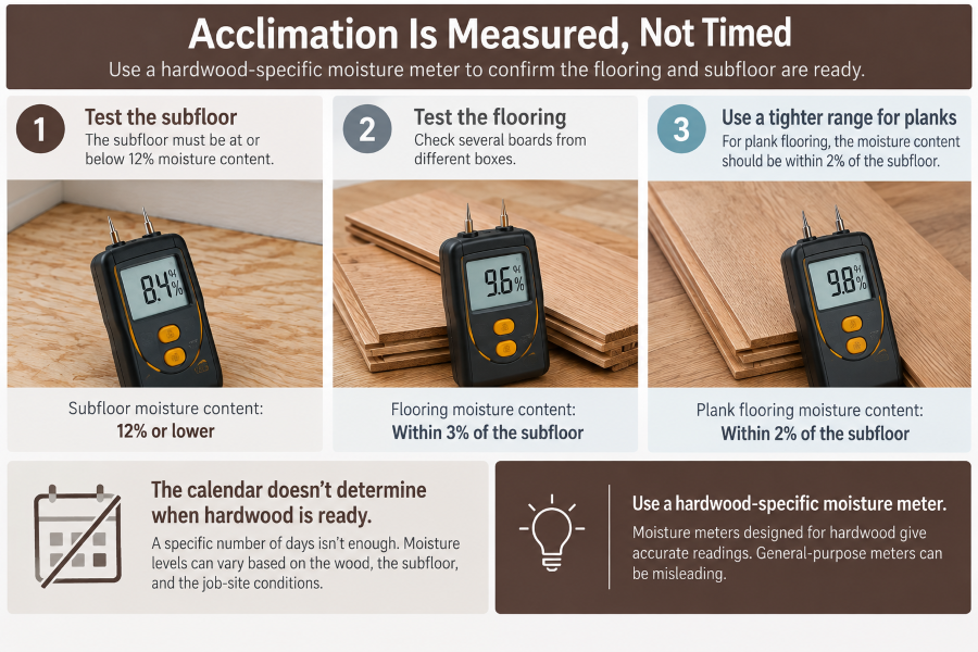 Acclimation is measured, not time. Use a hardwood moisture meter to confirm the flooring and subfloor are ready for installation