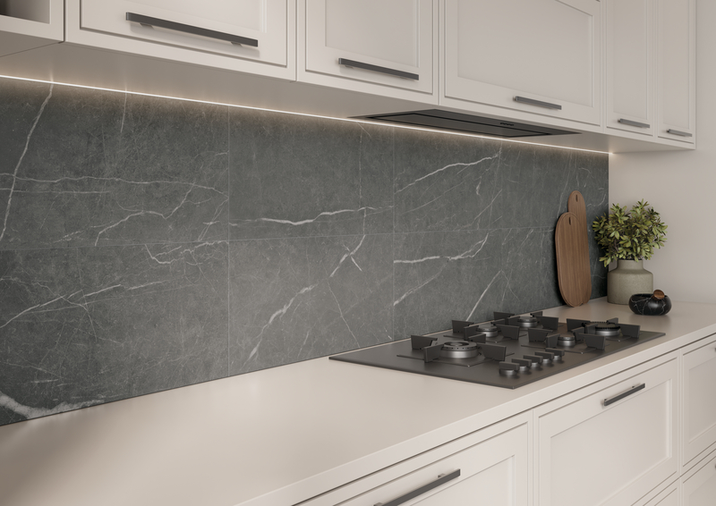 Kitchen counter with a slate-look porcelain stone tile backsplash