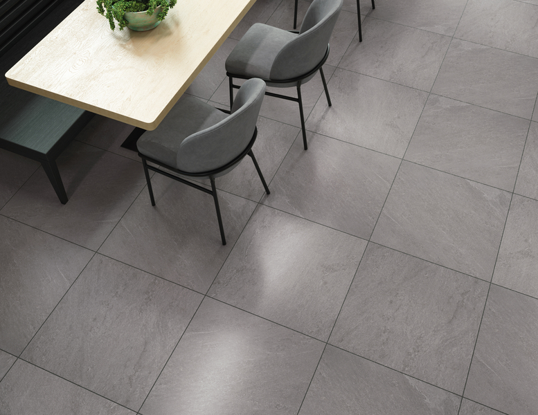Overhead view of a table with chairs showing a porcelain stone tile floor