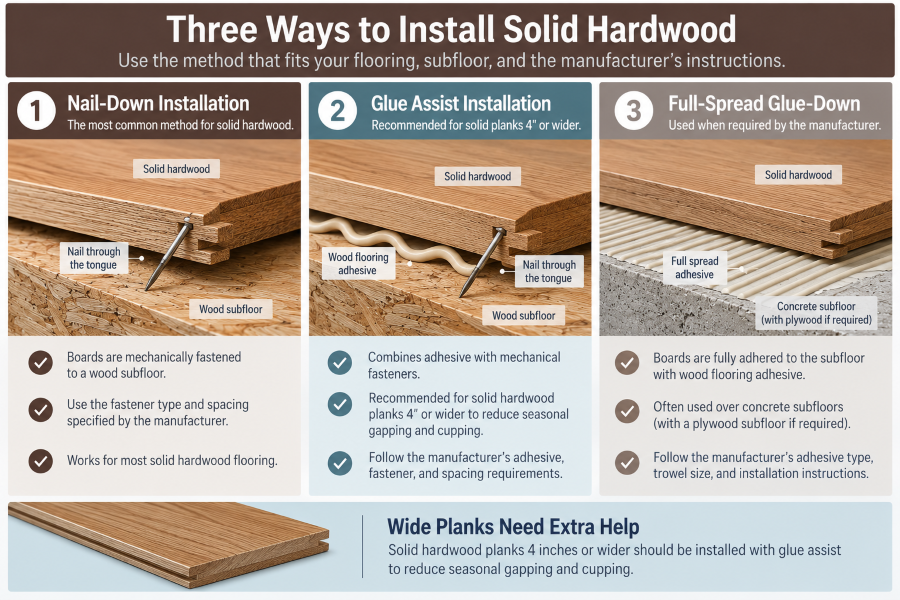 Three ways to install solid hardwood flooring: nail down, glue assist, and full-spread glue