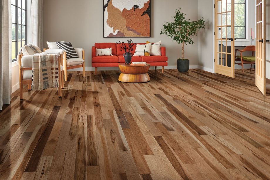 Solid hickory hardwood flooring in a living room; acclimating wood flooring