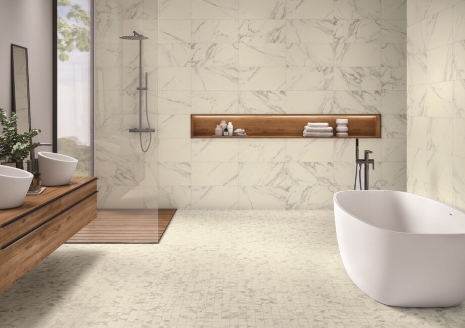 Porcelain tile in a bathroom; porcelain tile in a shower; large format tile