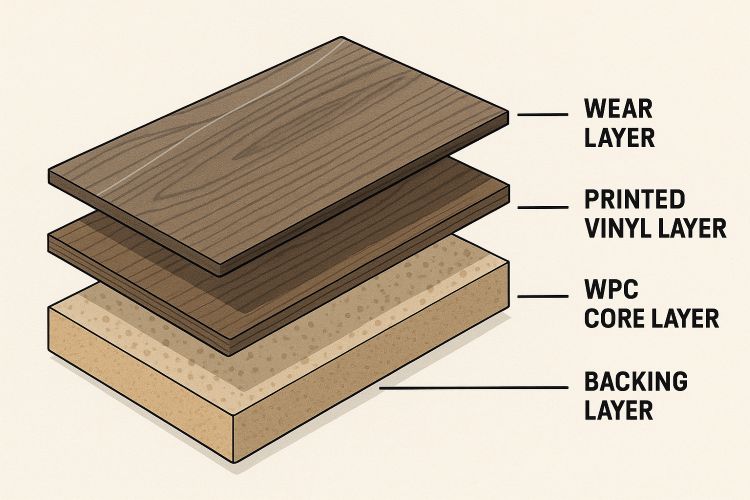 Illustration showing the layers of wood polymer composite (WPC) flooring