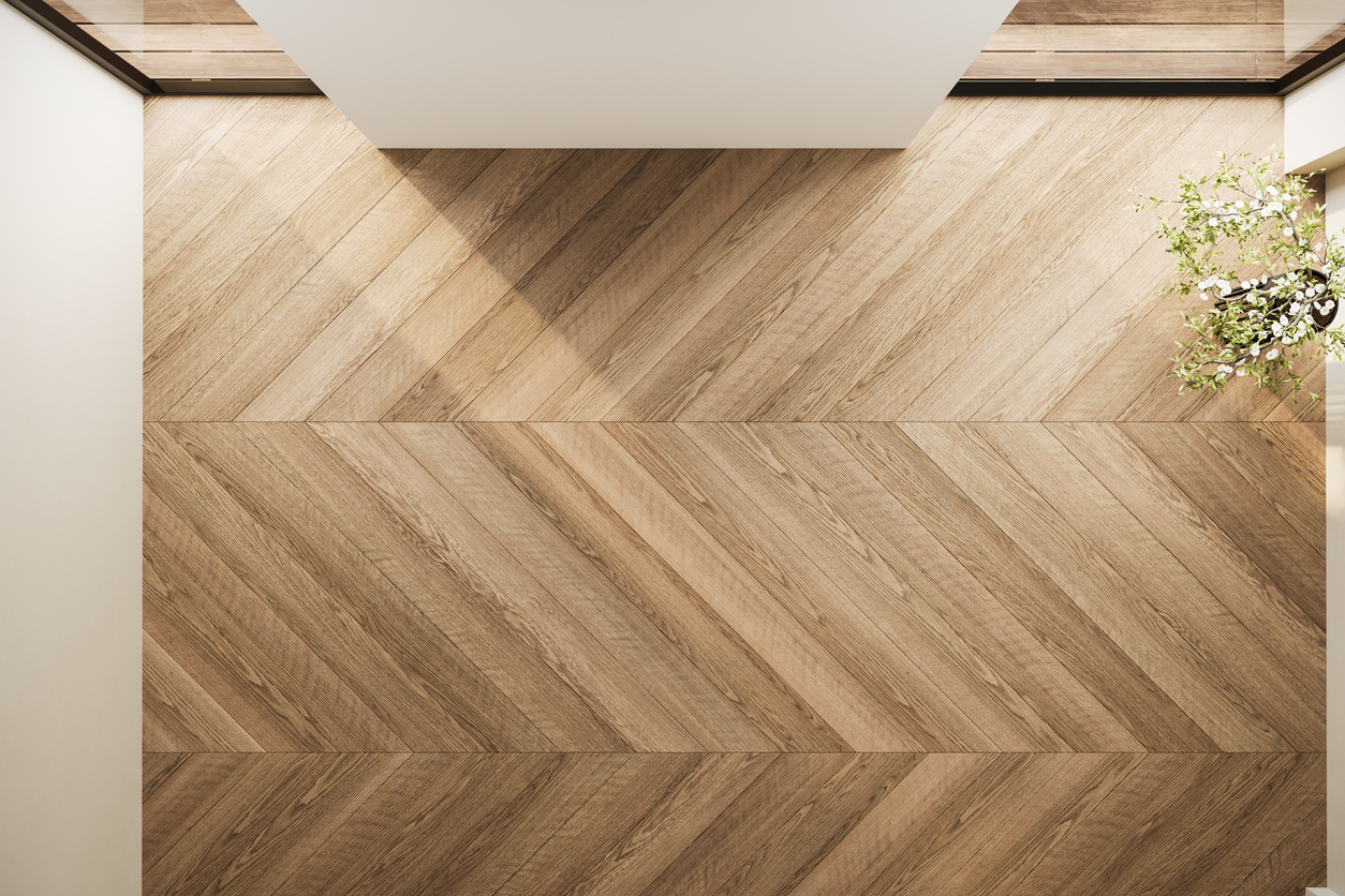 Overview view of a herringbone pattern floor