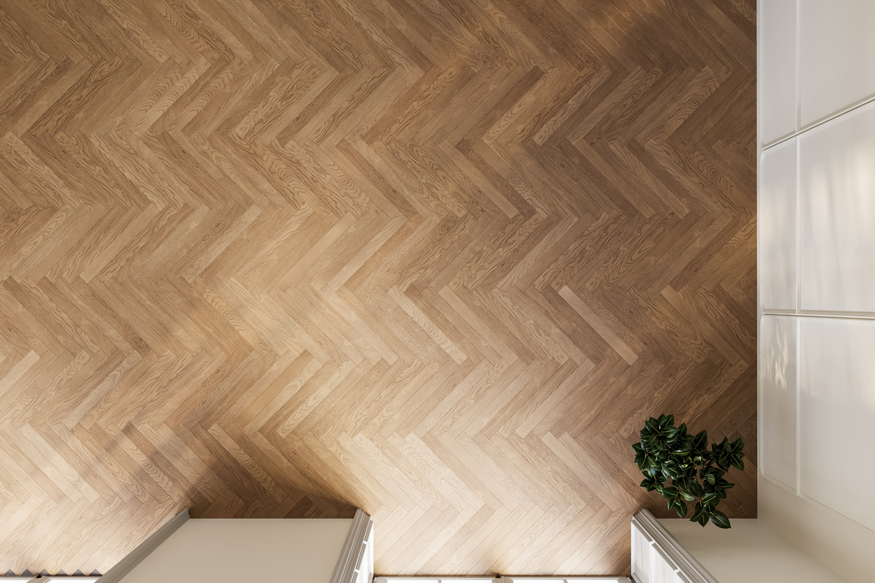 Overhead view of chevron pattern flooring